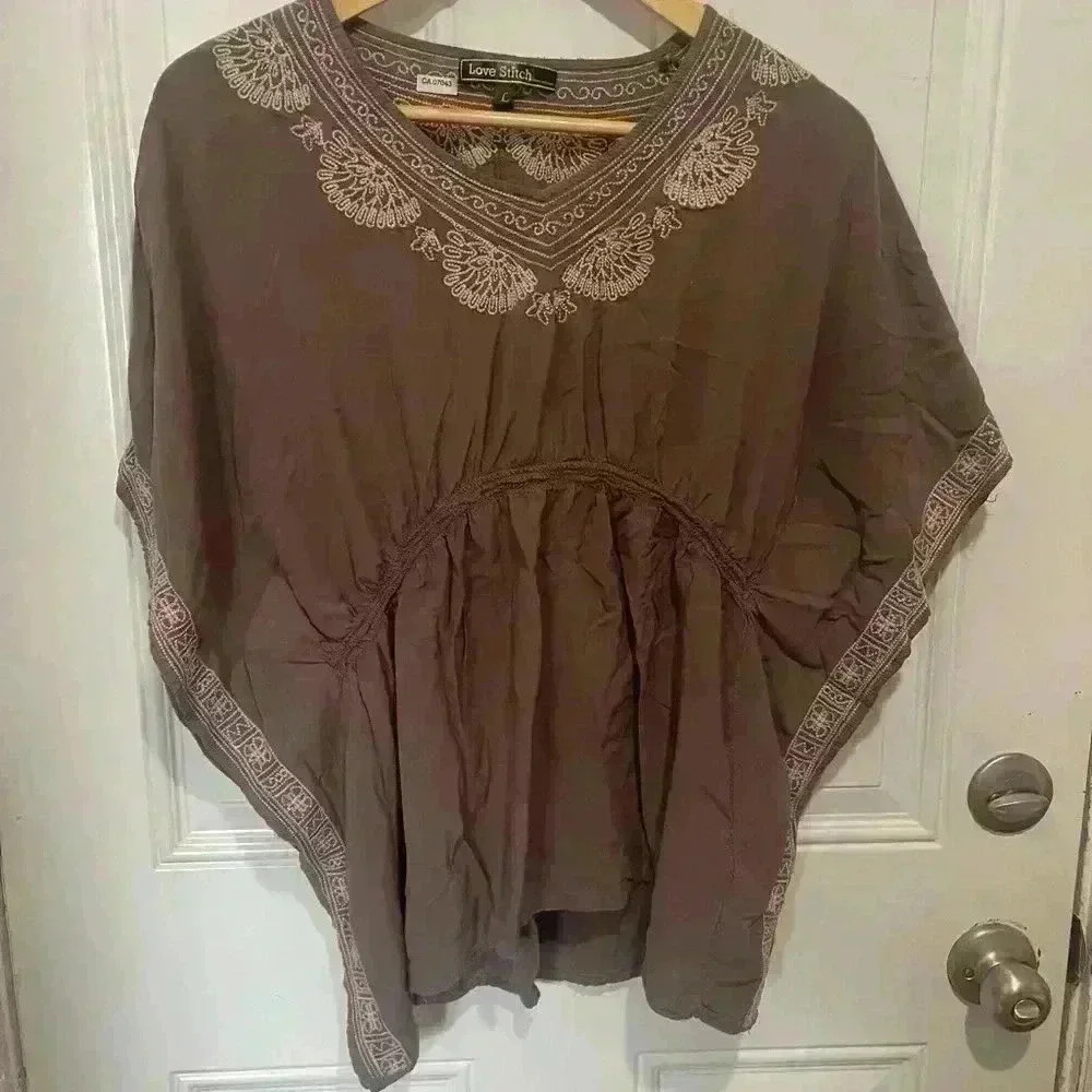 Love Stitch boho butterfly arm blouse embroidered shirt  size large